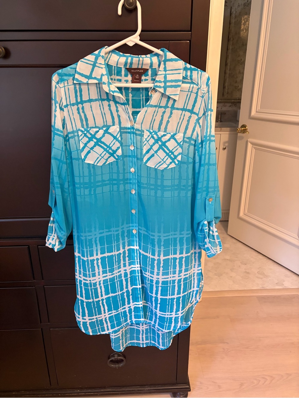 Multiples Turquoise & White Graphic Print Blouse
